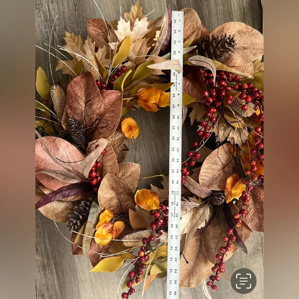 New Hand Crafted Autumn Fall Wreath Real Touch Foliage Brown Tan Orange Red  26”